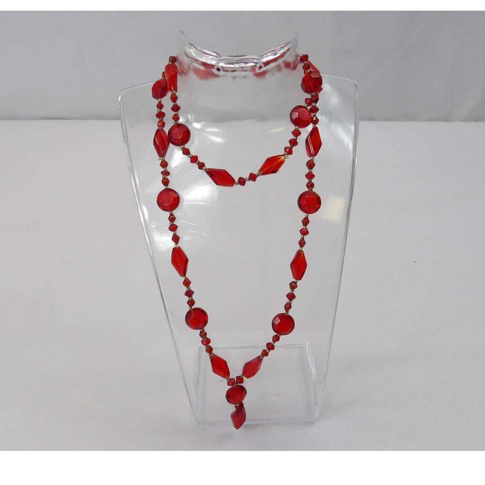 Vintage Long Beaded Flapper Necklace and Earring Set Red Glass Beads